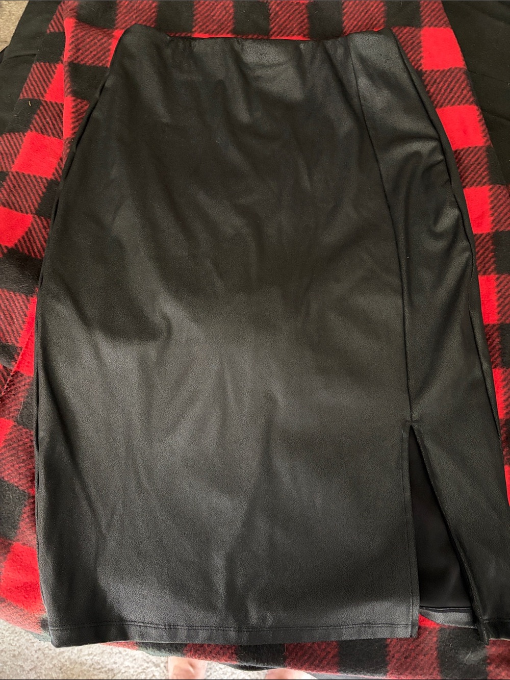 Black Faux Leather Pencil Skirt with Front Slit